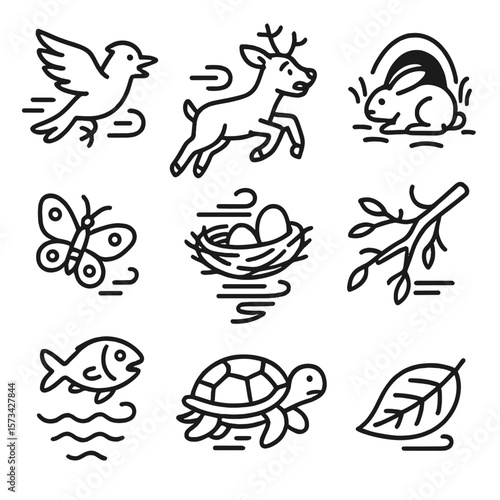 Tornado Impact on Wildlife. Outline style icons of tornado wildlife: fleeing bird, scared deer, hiding rabbit, flying insect,