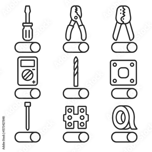Tool Icon Set. Outline style icons of toggle switch tools: screwdriver, wire stripper, crimping tool, multimeter, drill bit,