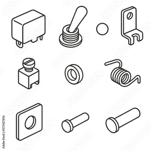 Toggle Switch Icons. Outline style icons of toggle switch components: switch body, lever arm, contact point, mounting bracket,
