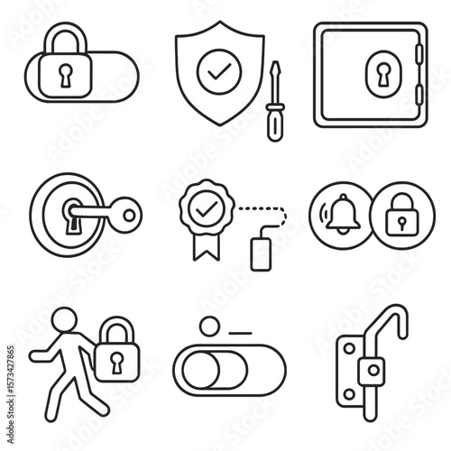 Outline Security Icons. Outline style icons of toggle switch security: lock switch, tamper proof, access panel, key switch,