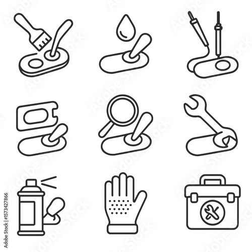 Toggle Switch Icons. Outline style icons of toggle switch maintenance: cleaning brush, lubricant drop, test probe, replacement