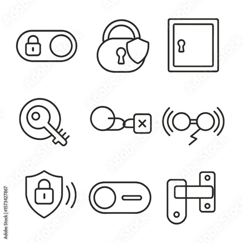 Outline Security Icons. Outline style icons of toggle switch security: lock switch, tamper proof, access panel, key switch,