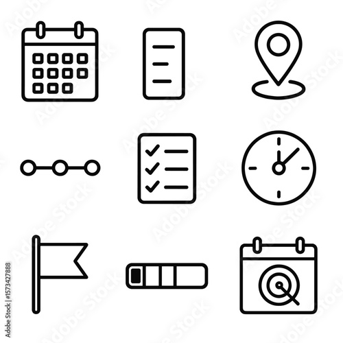 Outline Time Icons. Outline style icons of time targeting planning: calendar grid, schedule block, goal marker, timeline strip,