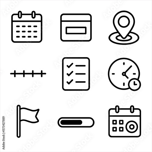 Outline Time Icons. Outline style icons of time targeting planning: calendar grid, schedule block, goal marker, timeline strip,