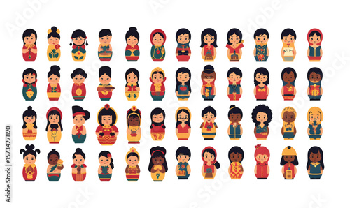 Collection of diverse nesting dolls showcases various cultural representations and is perfect for multicultural projects, creative designs, or children's educational material.
