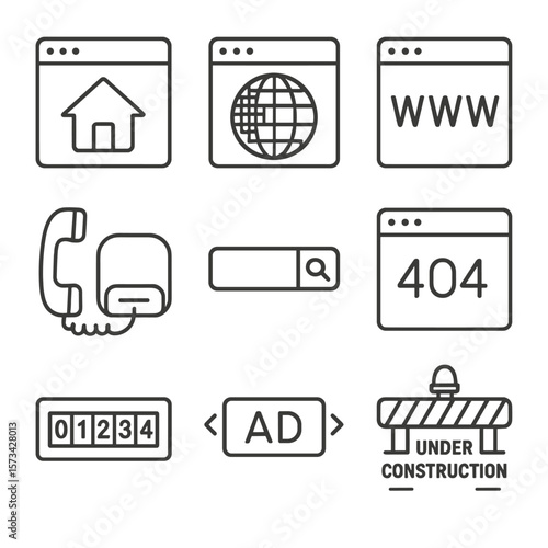 Internet Evolution Icons. Outline style icons of Internet Evolution Milestones: first homepage icon, pixel globe browser, WWW
