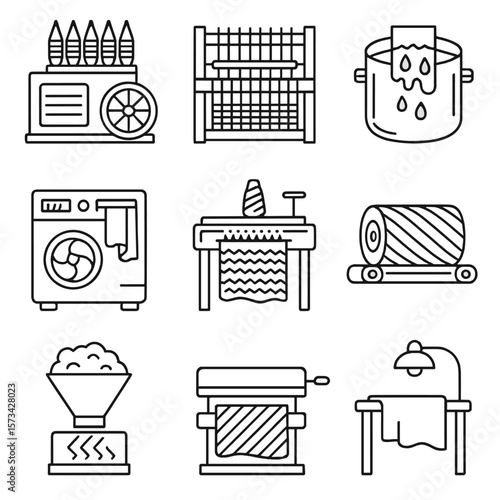 Textile Production Icons. Outline style icons of Textile Production: spinning machine, weaving loom, dyeing vat, textile dryer,