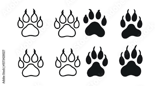 Distinct paw prints artfully showcase animal tracks, ideal for use in designs related to nature, wildlife, or themed projects like pet care and outdoor adventure promotion.