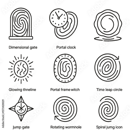 Temporal Portal Icons. Outline style icons of Temporal Portals: dimensional gate, portal clock overlay, rippling entry ring,