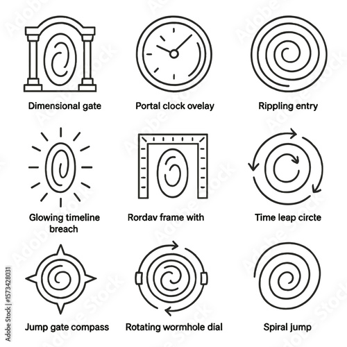 Temporal Portal Icons. Outline style icons of Temporal Portals: dimensional gate, portal clock overlay, rippling entry ring,