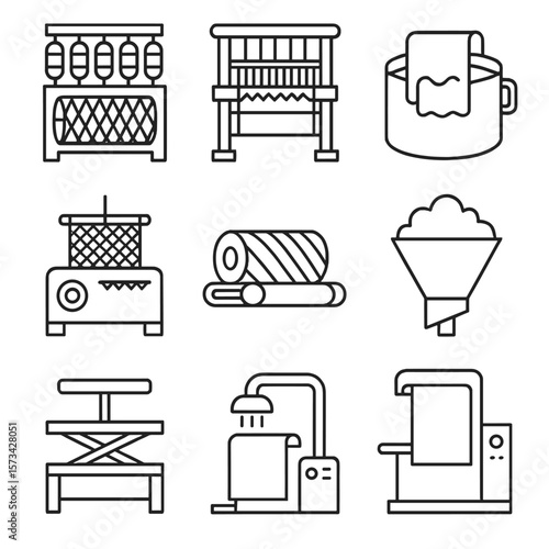 Textile Production Icons. Outline style icons of Textile Production: spinning machine, weaving loom, dyeing vat, textile dryer,