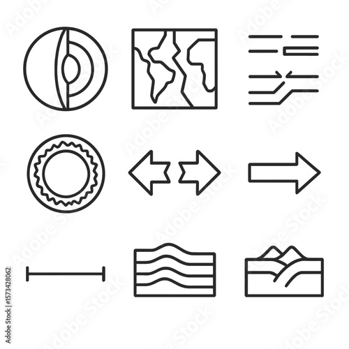 Tectonic Diagram Icons. Outline style icons of Plate Tectonic Diagrams: earth cutaway, plate map grid, boundary legend, seismic