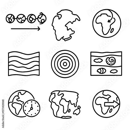 Geological Time Icons. Outline style icons of Geological Time and Tectonics: shifting continents timeline, Pangaea supercontinent,