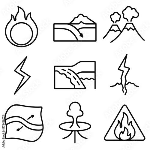 Ring of Fire Icons. Outline style icons of Ring of Fire Tectonics: fire ring icon, Pacific subduction zone, multiple volcanoes