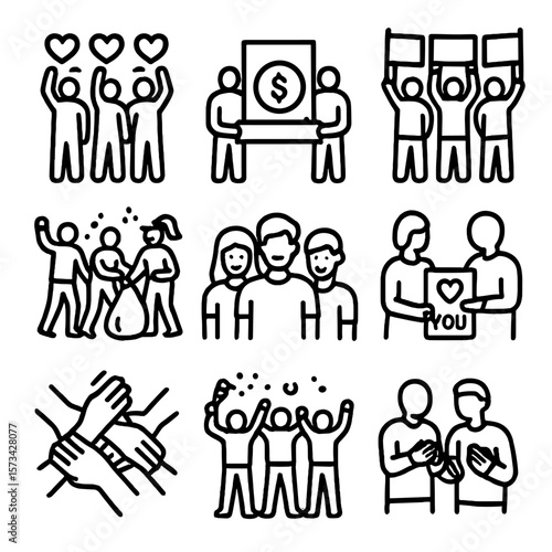 Volunteer Team Icons. Outline style icons of Volunteer Team Success: hearts raised by group, donation goal met board, team with