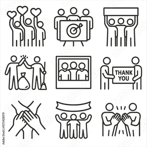 Volunteer Team Icons. Outline style icons of Volunteer Team Success: hearts raised by group, donation goal met board, team with