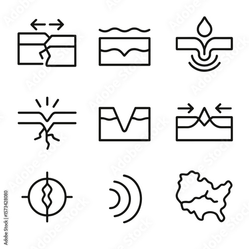 Plate Tectonics Icons. Outline style icons of Interplate vs Intraplate Activity: boundary fault icon, stable plate zone, hotspot