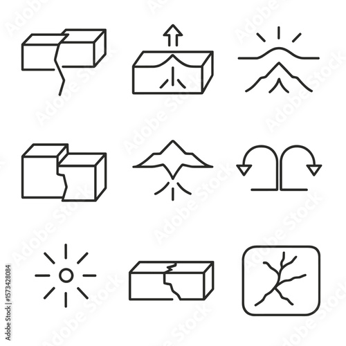 Plate Tectonics Icons. Outline style icons of Interplate vs Intraplate Activity: boundary fault icon, stable plate zone, hotspot