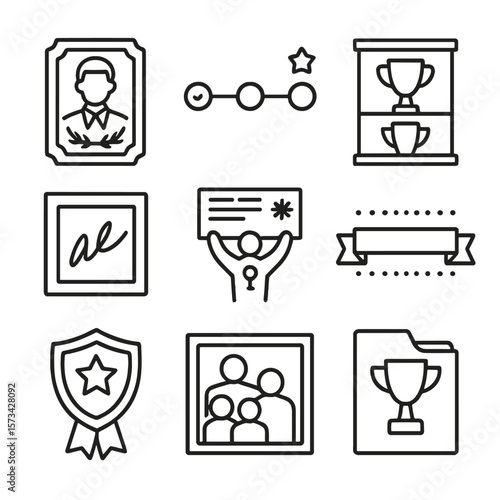 Legacy Award Icons. Outline style icons of Team Legacy and Awards: hall of fame plaque, timeline of victories, trophy cabinet icon