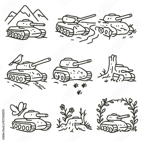 Tank Wreckage and Nature. Outline style icons of Tank Remains in Nature: mountain background tank, riverbank wreck, field erosion