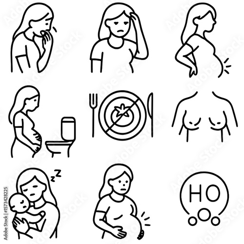 Pregnancy Symptoms Icons. Outline style icons of Pregnancy Symptoms: morning sickness, mood swings, back pain with bump, frequent