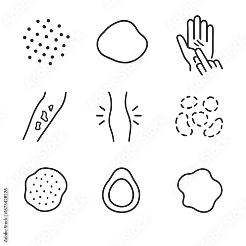 Skin Symptoms Icons. Outline style icons of Skin-Related Symptoms: rash dots, red skin patch, itchy hand, dry flaky skin, swelling