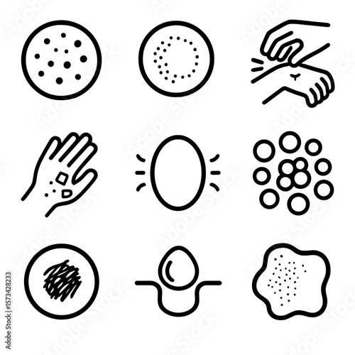 Skin Symptoms Icons. Outline style icons of Skin-Related Symptoms: rash dots, red skin patch, itchy hand, dry flaky skin, swelling