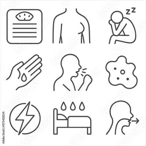 Cancer Symptom Icons. Outline style icons of Cancer-Related Symptoms: weight loss scale, lump under skin, fatigue icon,