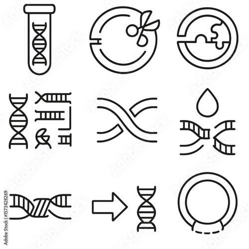DNA Assembly Icons. Outline style icons of DNA Assembly Techniques: Gibson assembly tube, restriction enzyme cut, Golden Gate icon