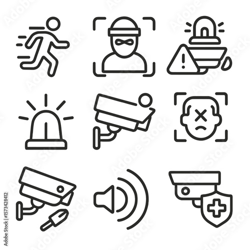 Surveillance Alert Icons. Outline style icons of Surveillance Alerts and Warnings: motion alert icon, intruder symbol, alarm bell