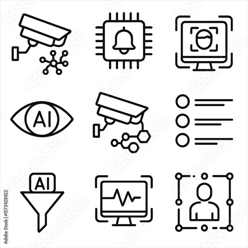 AI Surveillance Icons. Outline style icons of AI and Surveillance: camera with neural network icon, smart alert chip, machine