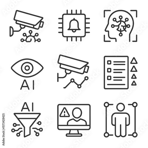 AI Surveillance Icons. Outline style icons of AI and Surveillance: camera with neural network icon, smart alert chip, machine