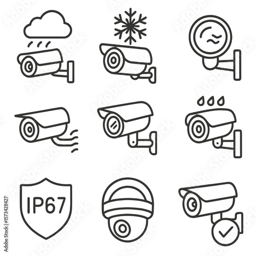 Weatherproof Surveillance Icons. Outline style icons of Weatherproof Surveillance Cams: rainproof icon cam, snowflake over camera,