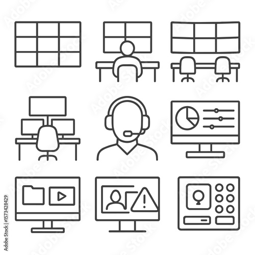 Security Control Icons. Outline style icons of Security Monitoring Rooms: multi-screen wall, operator at desk, control room layout