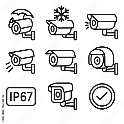 Weatherproof Surveillance Icons. Outline style icons of Weatherproof Surveillance Cams: rainproof icon cam, snowflake over camera,