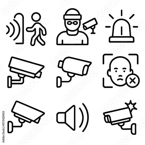 Surveillance Alert Icons. Outline style icons of Surveillance Alerts and Warnings: motion alert icon, intruder symbol, alarm bell