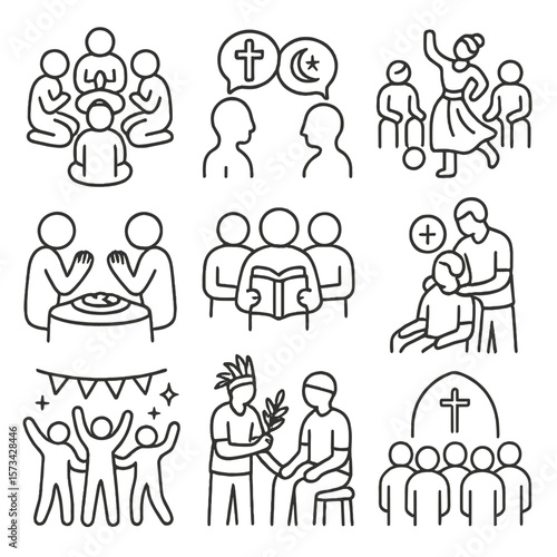 Cultural Faith Support Icons. Outline style icons of Cultural and Faith-Based Support: prayer circle, interfaith dialogue,