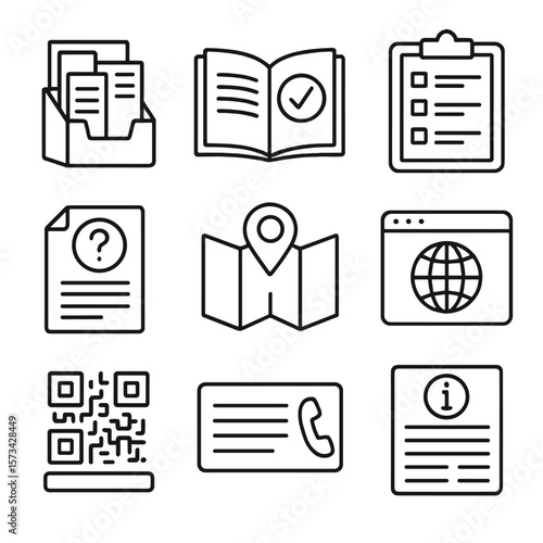 Support Resources Icons. Outline style icons of Support Resources: brochure rack, guidebook icon, help list on board, printed