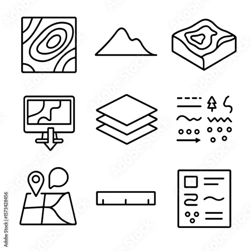 Surveying Icons Collection. Outline style icons of Surveying for Mapping: elevation contour map, relief section sketch, shaded