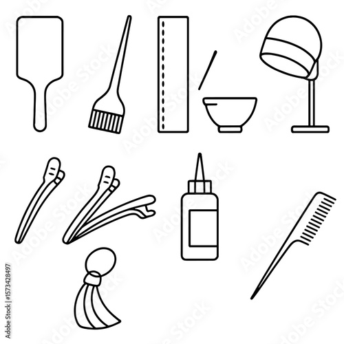 Women's Balayage Kit Icons. Line style icons of Women’s Balayage Kit: balayage paddle, tint brush, balayage film strip, clay