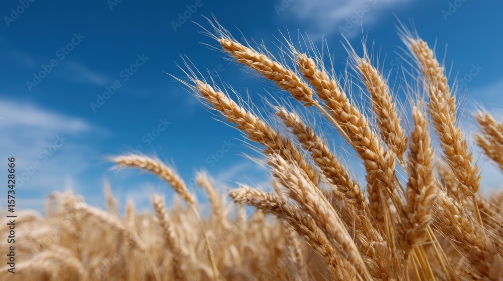 Fototapeta premium Golden wheat field under a clear blue sky, harvest season. Abundance, natural.