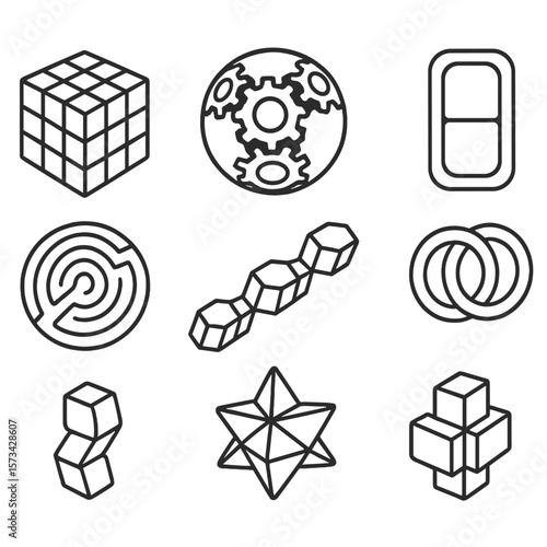 Puzzle Fidget Icons. Line style icons of Puzzle & Twist Fidgets: twist puzzle cube, gear puzzle sphere, sliding puzzle disc,