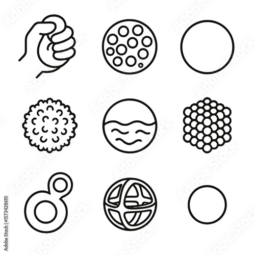 Stress Relief Balls Icons. Line style icons of Stress Relief Balls: classic squeeze ball, gel bead ball, foam ball, textured ball,