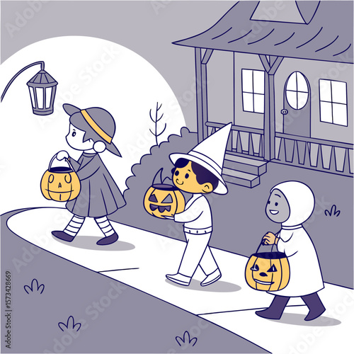 Three diverse children dressed in halloween costumes carrying carved jack o lanterns walk down a sidewalk towards a house on a spooky evening