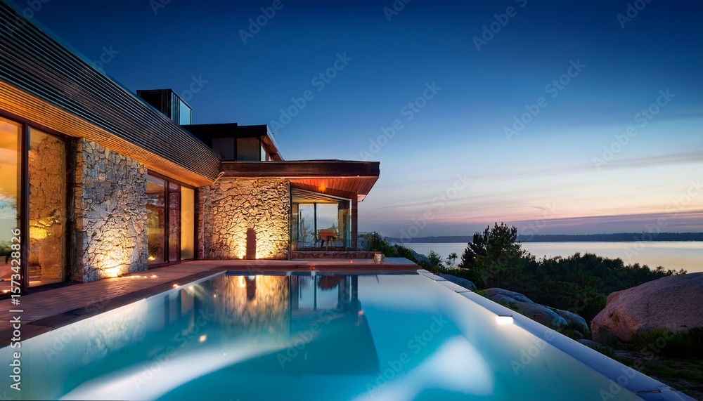Fototapeta premium modern stone house with illuminated pool by the water at evening time
