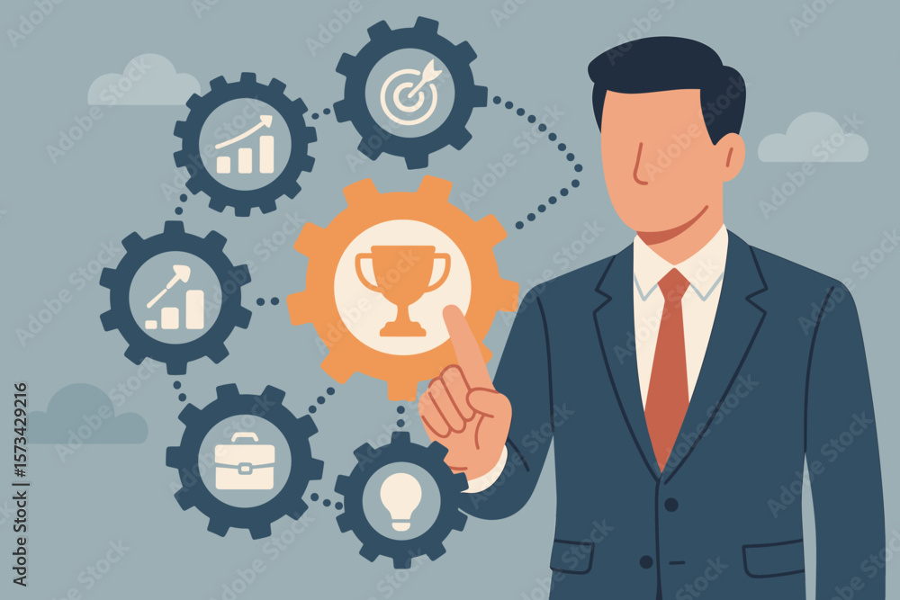 Business mechanism concept. Businessman managing processes for success. Workflow strategy with gears and icons. Trophy for achievement and growth. Vector illustration. Business mechanism concept. Businessman managing processes for success. Workflow strategy with gears and icons. Trophy for achievement and growth. Vector illustration.