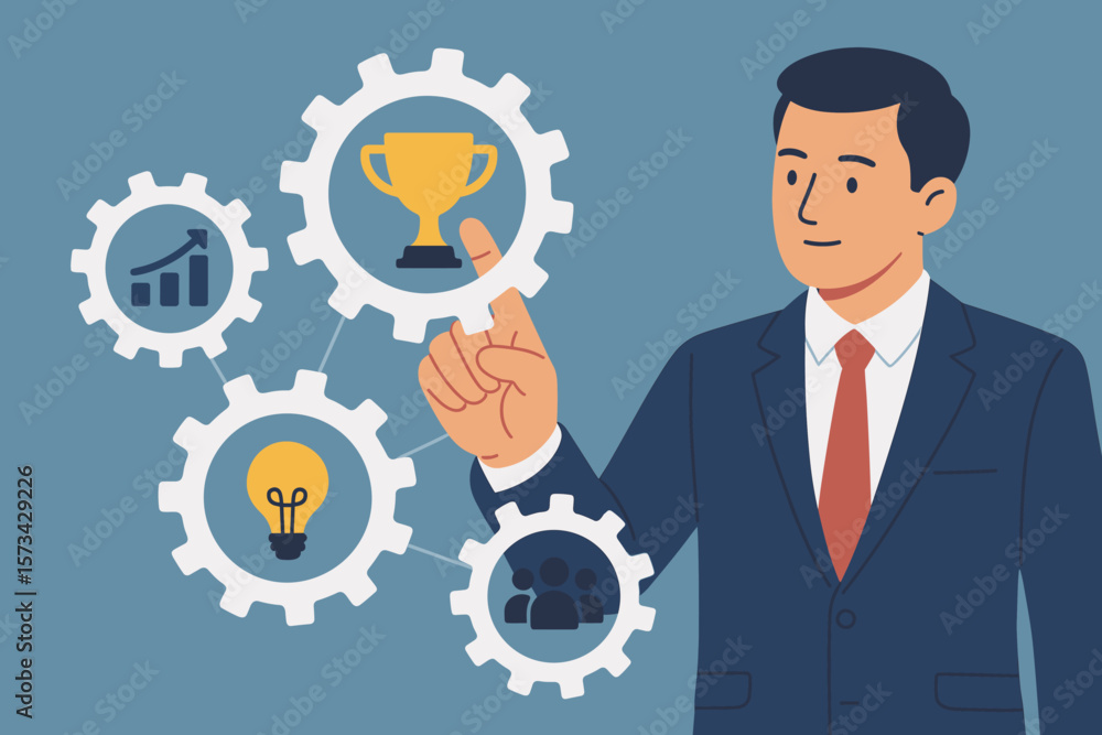 Business mechanism concept with businessman managing processes. Gears with icons for success, trophy, growth, ideas, and teamwork. Workflow automation and strategy vector. Business mechanism concept with businessman managing processes. Gears with icons for success, trophy, growth, ideas, and teamwork. Workflow automation and strategy vector.