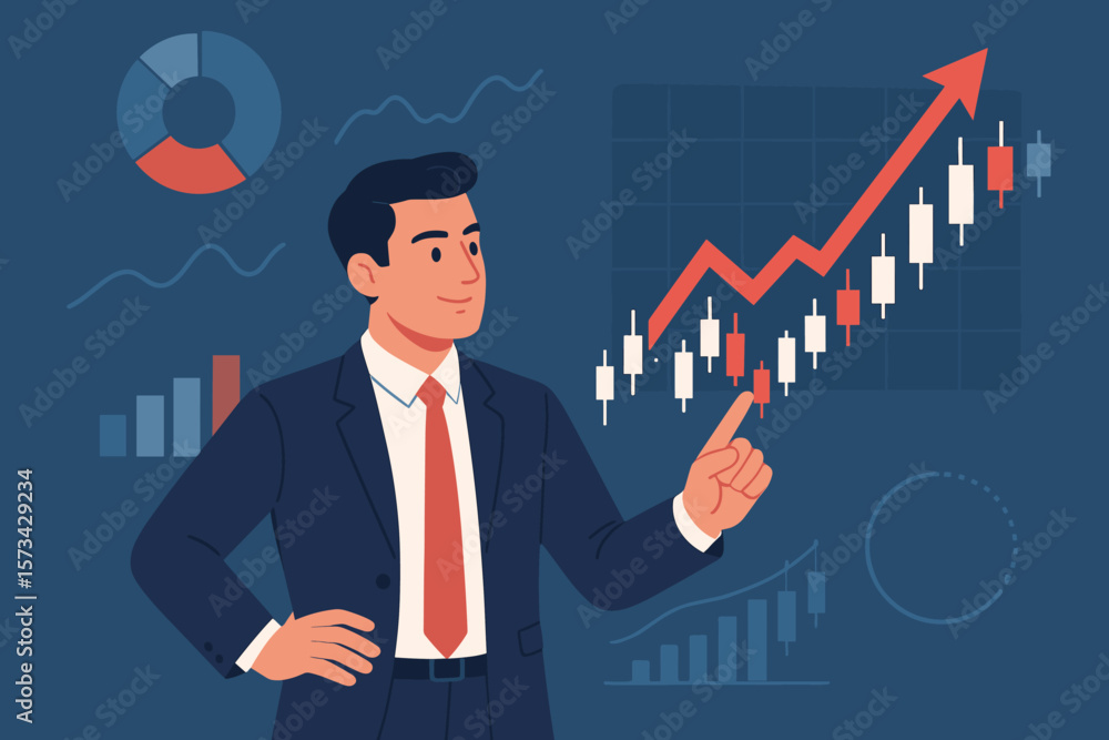 Businessman pointing at a growing stock market chart. Financial investment and business success concept. Forex trading analysis. Bull market diagram with an arrow up. Flat vector illustration. Businessman pointing at a growing stock market chart. Financial investment and business success concept. Forex trading analysis. Bull market diagram with an arrow up. Flat vector illustration.