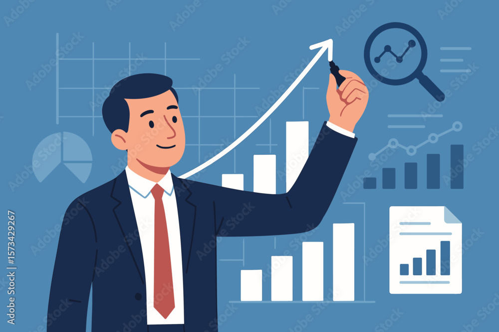 Businessman draws growth chart. Financial analysis. Investment data. Business planning strategy. Progress success profit concept. Modern flat vector illustration background. Businessman draws growth chart. Financial analysis. Investment data. Business planning strategy. Progress success profit concept. Modern flat vector illustration background.
