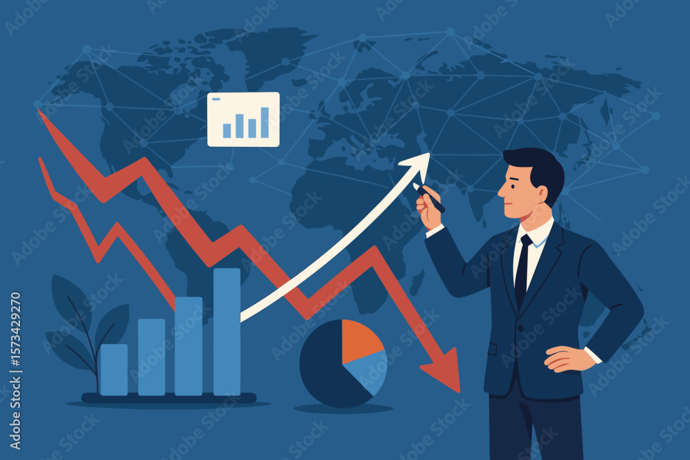 Businessman draws growth arrow on chart amid economic crisis. Business recovery strategy, financial planning, and stock market data analysis. Global networking concept. Businessman draws growth arrow on chart amid economic crisis. Business recovery strategy, financial planning, and stock market data analysis. Global networking concept.